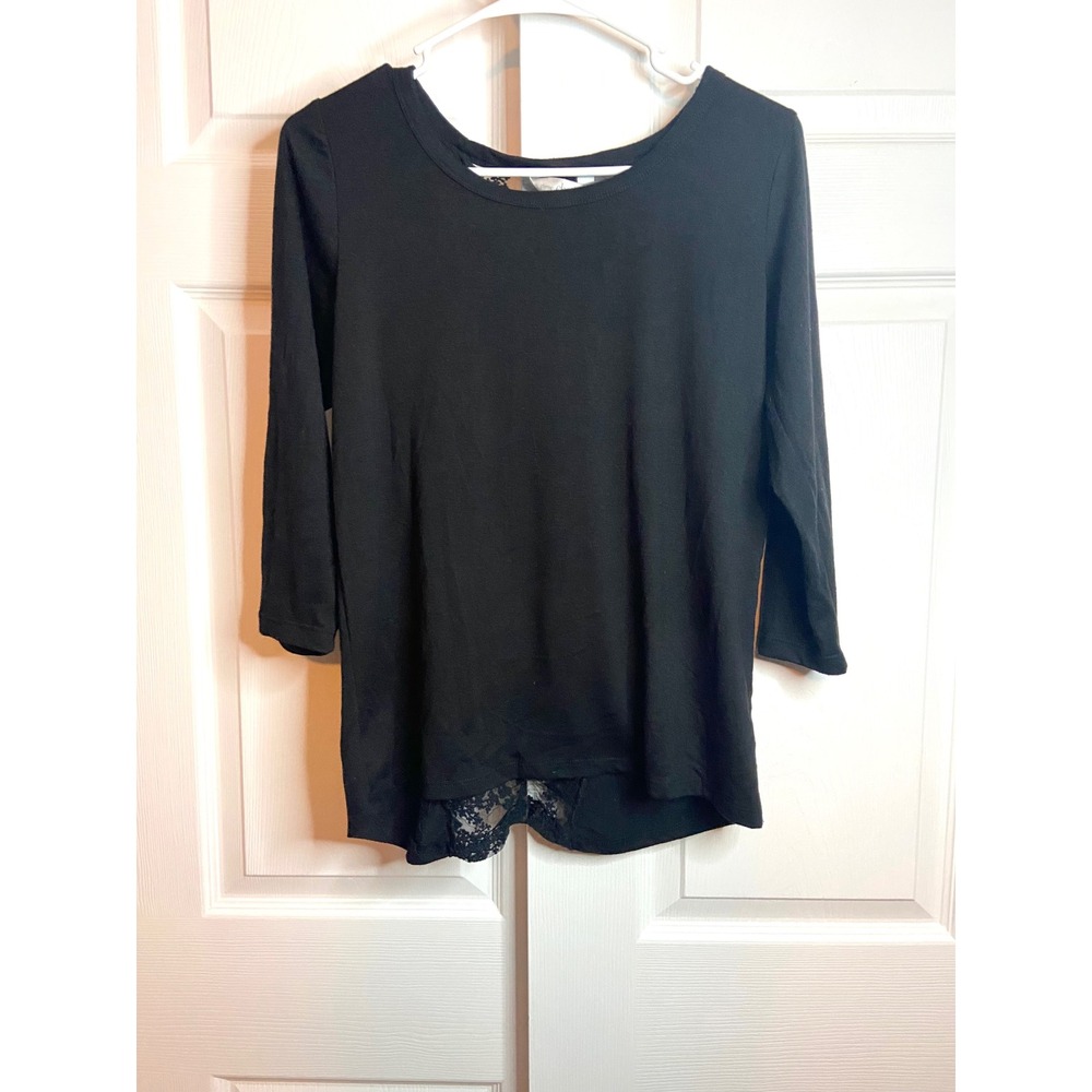 Charming Charlie Black Lace Back Knit Top 3/4 Sleeve Scoop Neck Small
